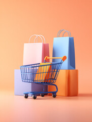 A Vibrant Composition Featuring Shopping Bags and A Blue Shopping Cart in a Studio Setting