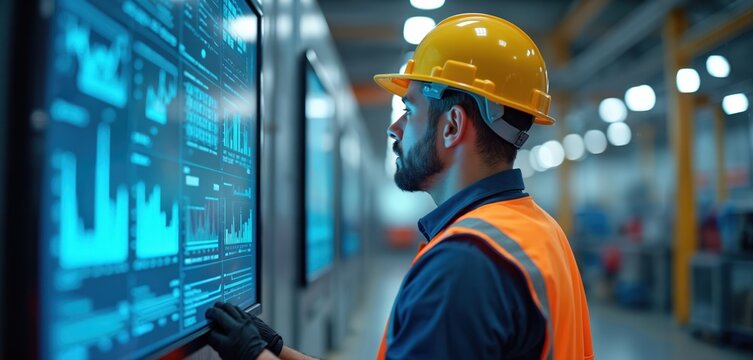 Worker in yellow hard hat, orange safety vest views large tech screen. Digital display shows real time charts, graphs for modern factory data. Engineer monitors industrial process automation, system