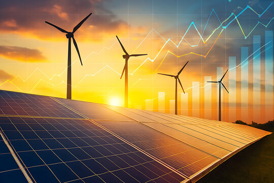 Solar Panels and Wind Turbines with Financial Graphs at Sunset Renewable Energy Investment Concept