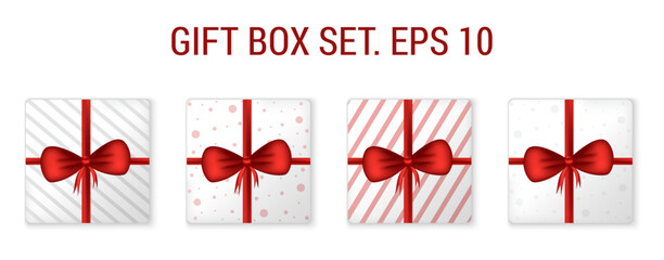 Gift box set. EPS 10. White gift boxes with red ribbon and print.