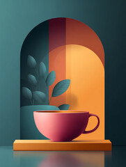 An Artistic Rendering of a Pink Teacup with a Plant Arrangement on a Golden Pedestal