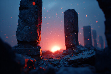 Ancient Stone Ruins Silhouetted Against a Fiery Sunset, Evoking a Sense of Mystery and Wonder