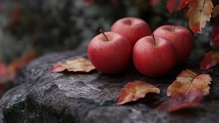 Vibrant Red Apples and Leaves on Stone