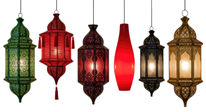 Collection of ornate moroccan lanterns hanging in a dark setting transparent background cutout png