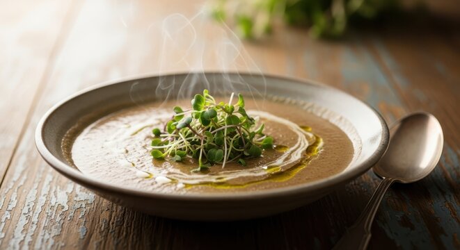 Steaming bowl of creamy mushroom soup topped with microgreens and a swirl of olive oil, served on a rustic wooden surface with a spoon, inviting and comforting