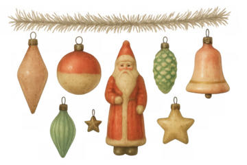 Vintage christmas ornaments set with santa claus figure on transparent background, holiday decoration elements, retro festive design