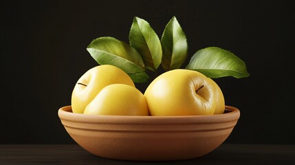 Fresh yellow apples in rustic bowl