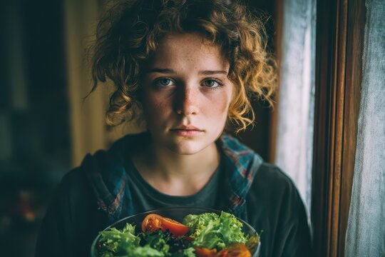 A natural portrait of a young woman with freckles holding a bowl of fresh salad.