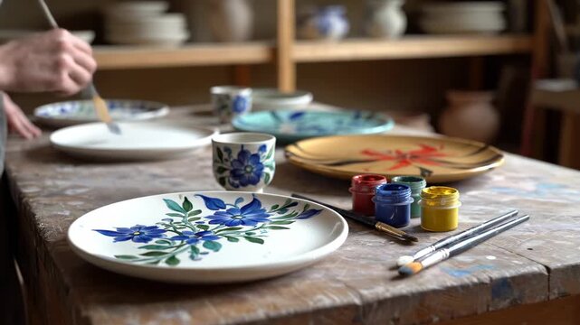 Artist painting floral design on ceramic plate in studio.