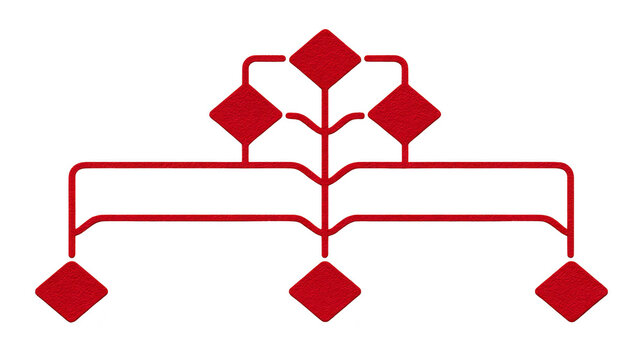 Red geometric flowchart diagram with diamond shapes, connected lines, and transparent background, representing decision making, process flow, or organizational structure in modern, minimal style