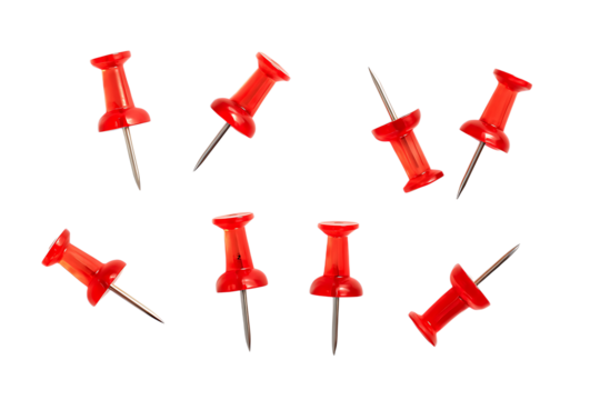 Push pins in different angles isolated on transparent background.