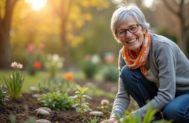Fototapeta premium Smiling senior woman with grey hair works in backyard garden. Plants small seedling, caring for green nature, adding beauty to home. Older female enjoys hobby, spending peaceful time outdoors in warm