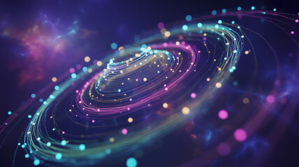 Abstract swirling galaxy of digital data points and glowing connections in deep space