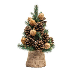 Mini Christmas tree with natural pinecones and burlap base. Isolated white background. Png format
