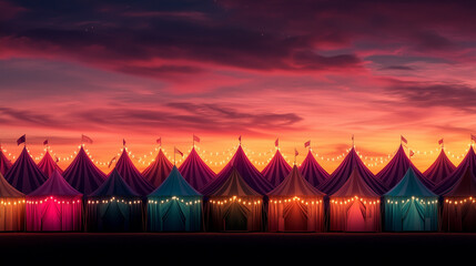 Colorful background with row of carnival tents and bright pink sunset sky with festive lights