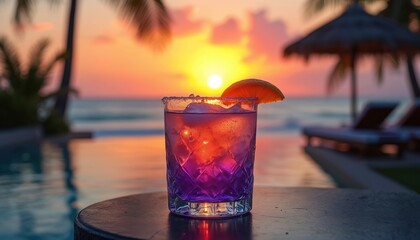 Purple cocktail glass with ice, orange slice on side table. Golden sunset over ocean beach, resort pool. Palm trees, umbrellas, lounge chairs create relaxing summer vacation scene, ideal for tropical
