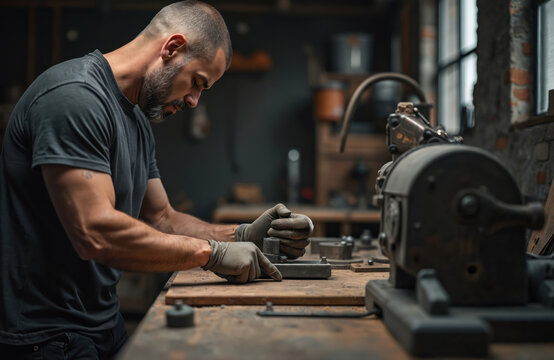 Man works in home workshop with metal products. Craftsman wearing gloves assembles metal part on wooden workbench. Industrial machine stands next to worktable in garage or factory interior.