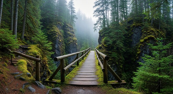 Discover a serene forest bridge shrouded in mist, perfect for adding a touch of tranquil adventure to your next project or campaign now