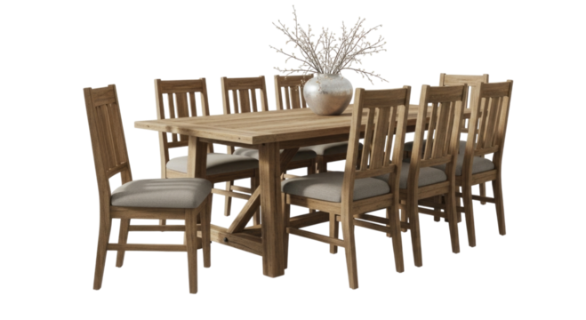 Rustic wooden dining table and chairs set transparent background cutout png