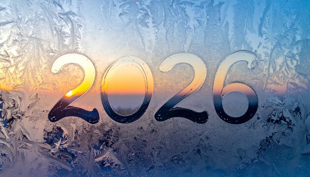Number 2026 written on frosty window at sunrise — new year 2026 and winter concept