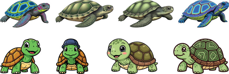 Cute Turtle and Sea Tortoise Illustrations Set