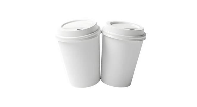 Two white travel coffee cups isolated on transparent background