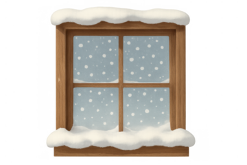 Wooden window with snow accumulating on sill and frame, flakes falling outside, illustrating winter weather, transparent background
