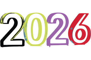 Vibrant and colorful numbers representing the year 2026 in a playful and artistic style with distinct colors for each digit