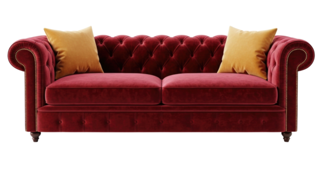 Red chesterfield sofa with yellow cushions transparent background cutout png