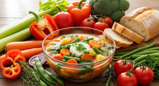Hearty bowl of vegetable soup surrounded by fresh raw ingredients and crusty bread slices - Powered by Adobe