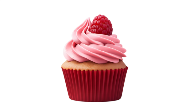 Pink raspberry cupcake with swirled frosting isolated on gray background