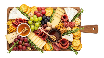 Gourmet charcuterie board with cheese fruit and honey transparent background cutout png