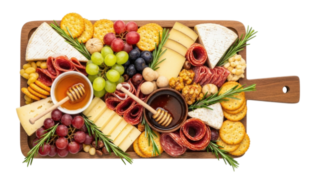 Gourmet charcuterie board with cheese fruit and honey transparent background cutout png