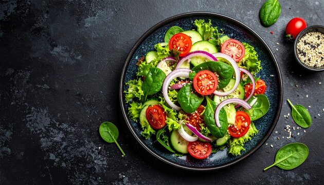 Colorful vegetable salad in a bowl on white surface, featuring cucumbers, cherry tomatoes, red onions, lettuce, spinach, and sesame seeds for a fresh and healthy presentation.