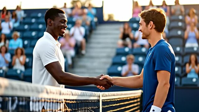Friendly sportsmanlike handshake between tennis players on sunlit court