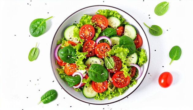 Colorful vegetable salad in a bowl on white surface, featuring cucumbers, cherry tomatoes, red onions, lettuce, spinach, and sesame seeds for a fresh and healthy presentation.
