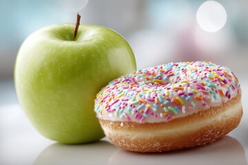 A vibrant green apple next to a sweet donut covered in colorful sprinkles.