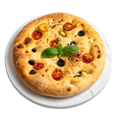 Italian Focaccia with Tomatoes, Olives, and Basil Isolated on White