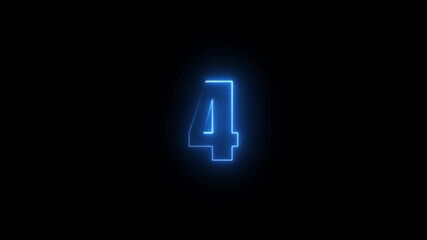 Abstract glowing neon text 4 number countdown icon. Glowing sign on black background Neon number 4 with alpha channel, simple blue neon color. Seamless loop style animation - Powered by Adobe