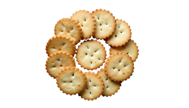 Round snack crackers in circular flower arrangement flat lay isolated on gray background