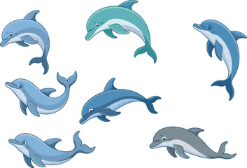 Cartoon dolphins swimming, playful sea animals, various poses and colors, vector illustration, marine life, ocean creatures, aquatic character set