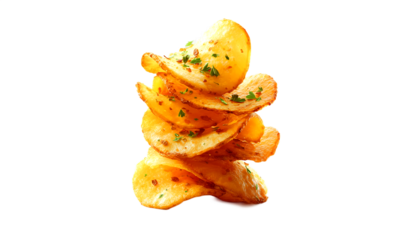 Vertical stack of crispy seasoned potato chips isolated on gray background
