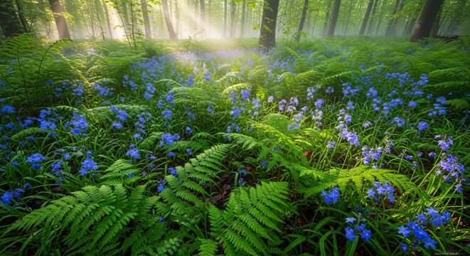 Enchanting bluebells and lush ferns bathed in sunlit mist create a magical woodland scene perfect for nature lovers and serene backdrops