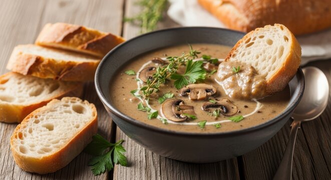 A rich and hearty mushroom soup in a dark bowl, garnished with herbs and mushrooms, with slices of crusty bread and a spoon on a rustic wooden surface