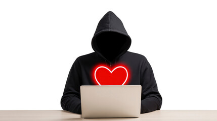Hooded figure with hidden face sits at desk using laptop, glowing red heart symbol on chest, concept of online love, digital romance, anonymity, and cyber relationships