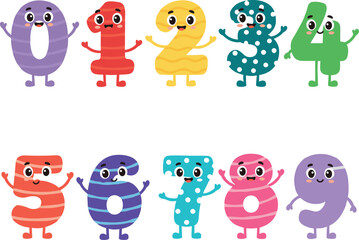 Cartoon numbers 0 to 9, colorful characters, smiling faces, arms and legs, educational vector illustration, playful design, kids learning concept