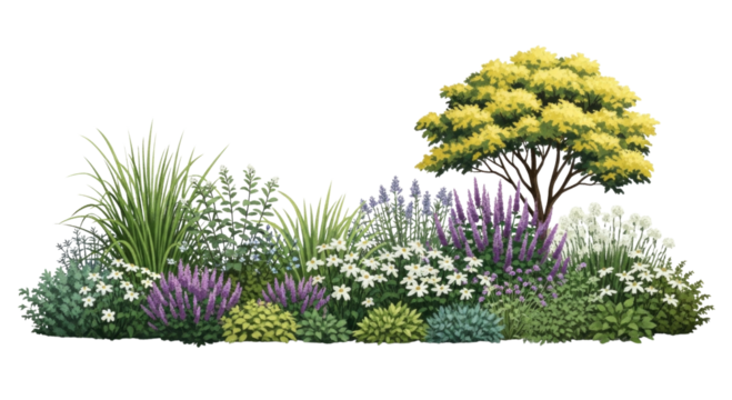 Lush garden bed with flowering plants and tall grasses transparent background cutout png - Powered by Adobe
