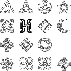 Celtic inspired symbols, geometric motifs, abstract line art, symmetrical grid, cultural design elements, tattoo ideas, vector illustration, decorative pattern set