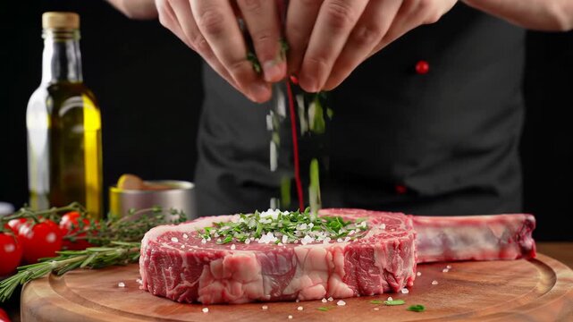 Extreme close-up, ultra slow-motion video: chef's hands in black uniform sprinkling glistening sea salt and green herbs on a marbled tomahawk steak on a dark wood board. Luxurious gourmet preparation