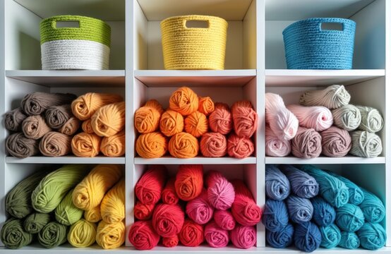 White shelving with colorful yarn balls sorted by hue. Storage baskets hold knitting supplies neatly. Tidy arrangement in craft room. Wool threads ready for handmade hobby projects, needlecraft - Powered by Adobe